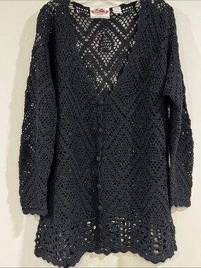 Extra Touch - vintage, Black Crochet V-Neck Button-Front Cardigan tunic, o/s